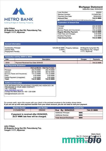 Myanmar Metro Bank wyciąg z kredytu hipotecznego szablon Word i PDF